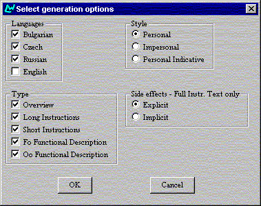 Select generation options dialogue box