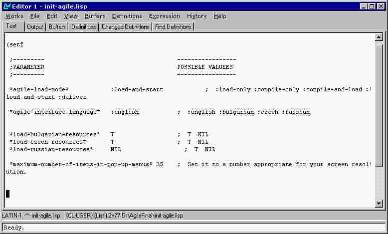Parameters specified in init-agile.lisp