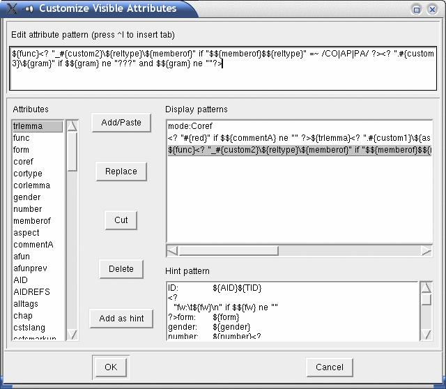 Customizing Visible Attributes dialog