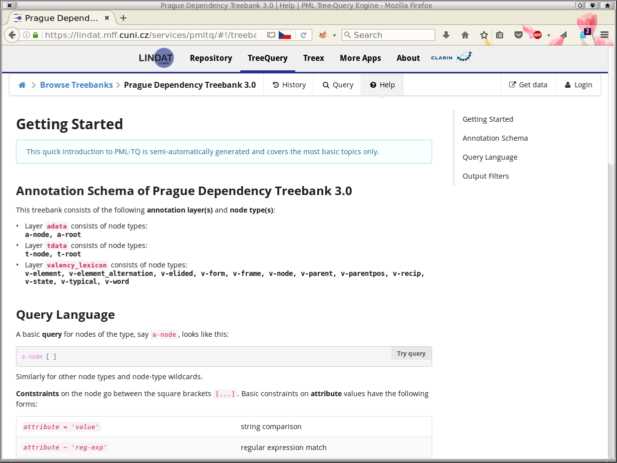 The help page for the PDT 3.0 treebank